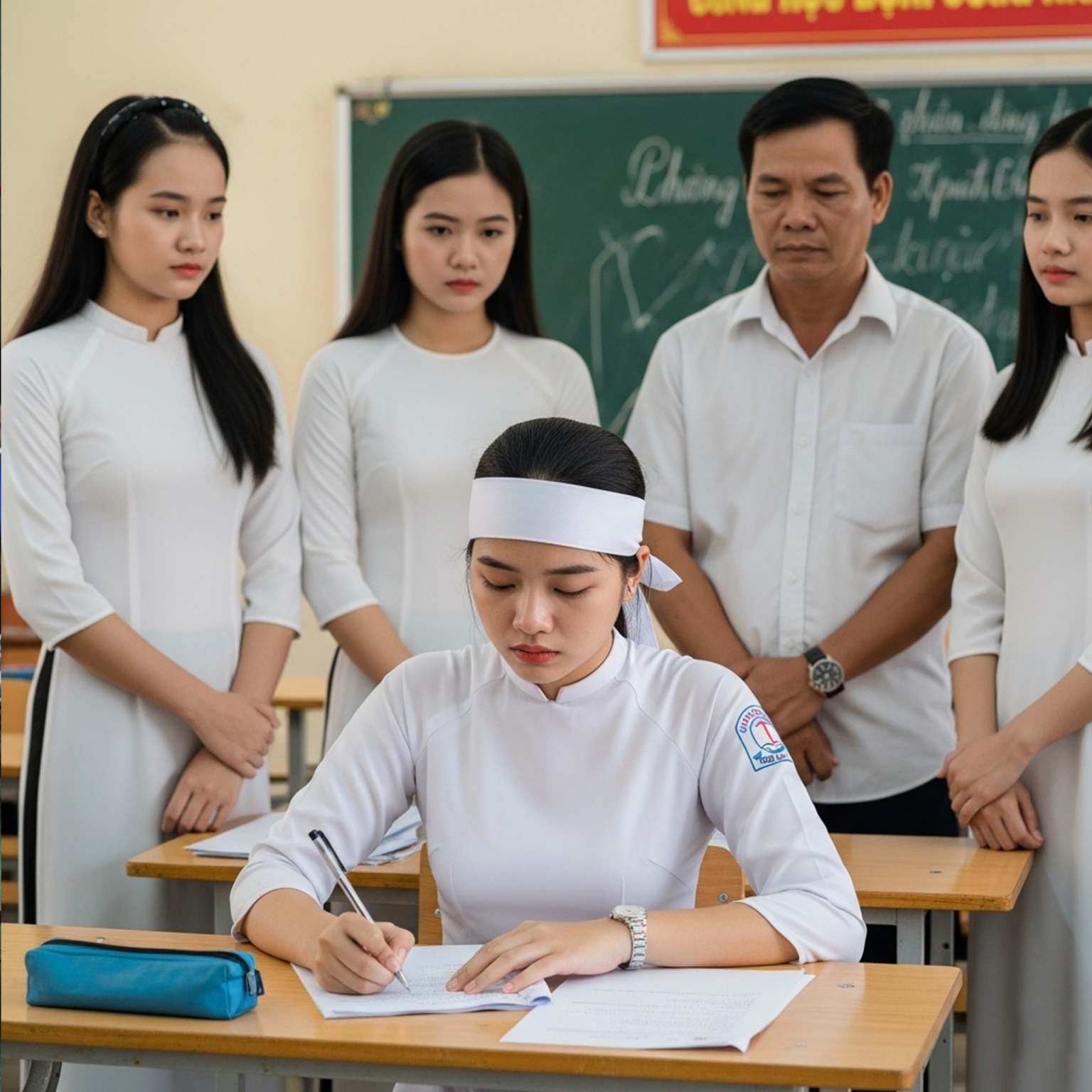 Nữ sinh đội kh/ăn ta/ng đi thi – câu chuyện phía sau khiến cả trường rơi lệ.