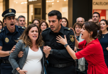 En un centro comercial de Madrid, un CEO abofetea a su esposa embarazada para proteger a su amante… sin saber que su suegro, un multimillonario, lo está observando disfrazado con un uniforme de empleado.