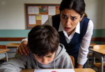 En mi clase de arte, el alumno más callado rompió su crayón rojo con un chasquido seco. No levantó la vista. No dijo nada. Pero sus manos temblaban. Me acerqué pensando que era un berrinche… hasta que vi su dibujo. No era una casa. Era una mujer cubierta de rojo. Y junto a ella, un hombre sosteniendo un objeto negro. Mi garganta se cerró. Abajo, con letras torcidas, escribió una sola palabra: “AYUDA.” No llamé al director. Marqué el 911. Cuando la policía derribó la puerta de su casa, encontraron exactamente lo mismo que estaba en el papel…