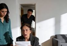 Cuando mi suegra me empujó, esperé que mi esposo defendiera mi lugar… pero solo susurró: “Dale lo que quiere.” Mi corazón se encogió, pero regresé con un sobre lleno de dinero. Sus ojos brillaron con codicia y sonrió cruelmente al tomarlo… hasta que lo abrió y el aire pareció congelarse. Se quedó sin aliento y cayó al suelo. Nunca imaginé que algo tan simple pudiera cambiarlo todo, pero en ese instante supe que nada volvería a ser igual en nuestra familia.