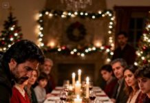 La mesa de Navidad estaba llena, risas falsas, copas tintineando… hasta que mi propio hijo me empujó con rabia. “Ese asiento es de mi suegro. Lárgate.”