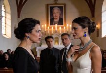 En pleno funeral de mi madre, mientras el ataúd descendía y el silencio oprimía la sala, sentí el leve toque del detective en mi hombro y su susurro helado: «Mire bien esas joyas». Seguí la dirección de su mirada y vi a la amante de mi marido, pavoneándose con el collar, los anillos y la pulsera desaparecidos. «Regalos suyos», dijo ella, orgullosa. El detective apretó la mandíbula: «Es la colección de 400.000 dólares reportada como robada. ¿Los detengo ahora o después del servicio?»