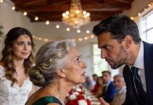 Estaba sentada en silencio junto a mi nieto de cinco años en la segunda boda de mi hijo cuando, de pronto, él clavó sus pequeños dedos en mi mano y susurró con la voz quebrada que quería irse ya. Sentí que el salón entero se detenía mientras le preguntaba qué pasaba, pero él, pálido y temblando, apenas levantó la mirada hacia mí y murmuró, casi sin aire, que si no me había dado cuenta de lo que había bajo la mesa.