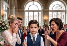 En la boda de mi cuñada, mi suegra puso un letrero en mi asiento que decía “Mesera y producto usado” mientras la sala se reía. Pero cuando mi hijo de 8 años subió al micrófono, reveló el secreto de la novia y arruinó a toda la familia.